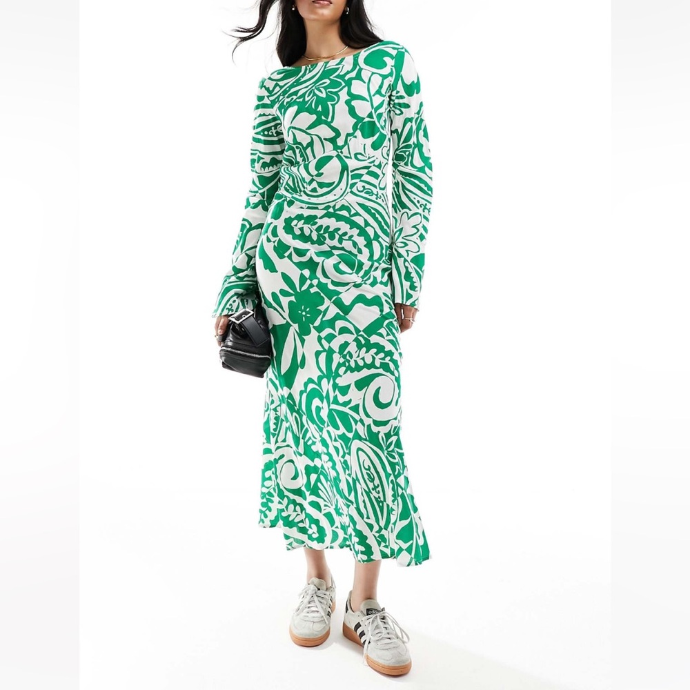 ASOS DESIGN viscose slash neck midi dress with v-back detail in green print